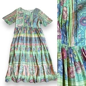LaCera Boho Maxi Dress Flowy Pastel Paisley Floral Short Sleeve Nepal Artsy MED
